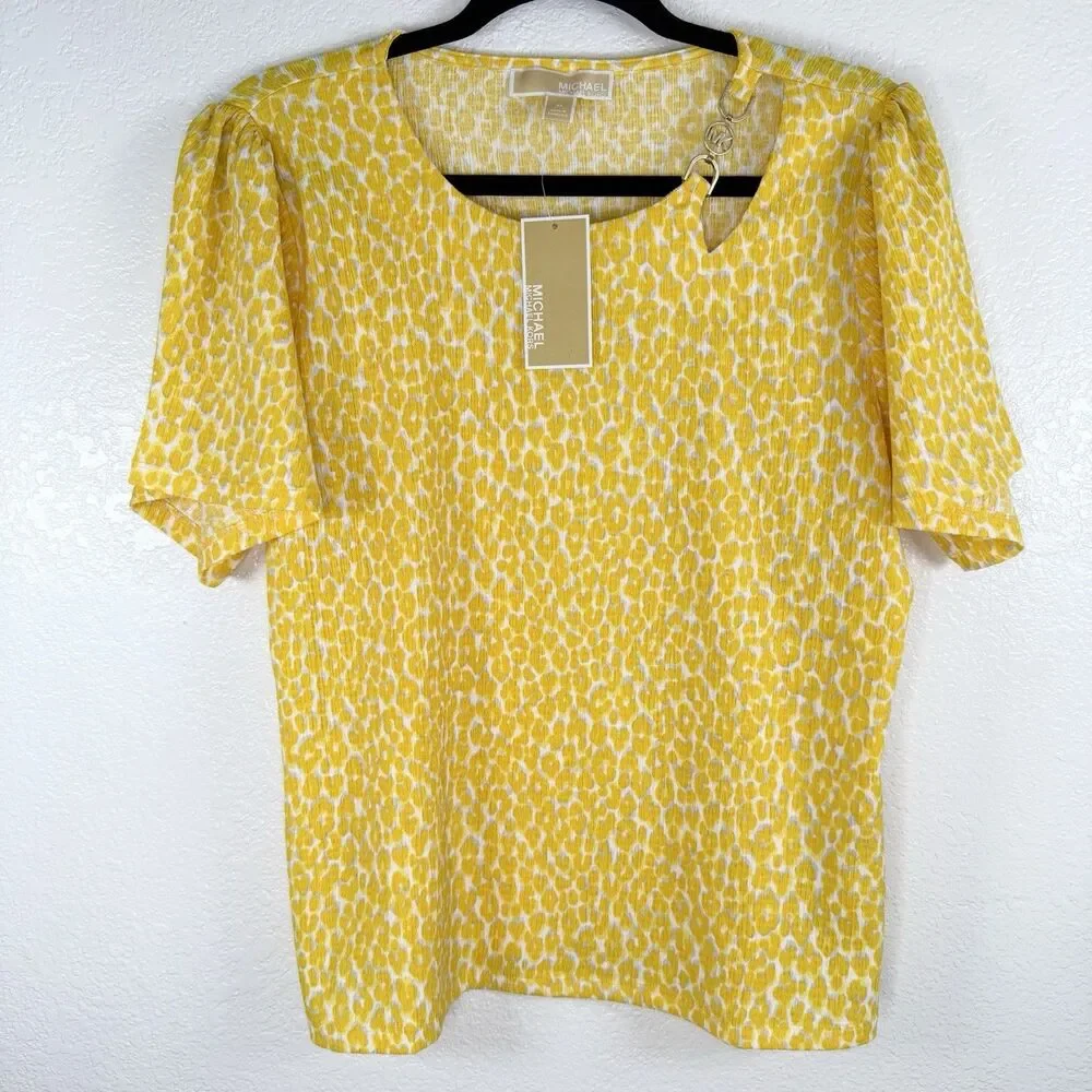 Michael Kors Dandelion Yellow Leopard Print Blouse Medium Animal Print NWT